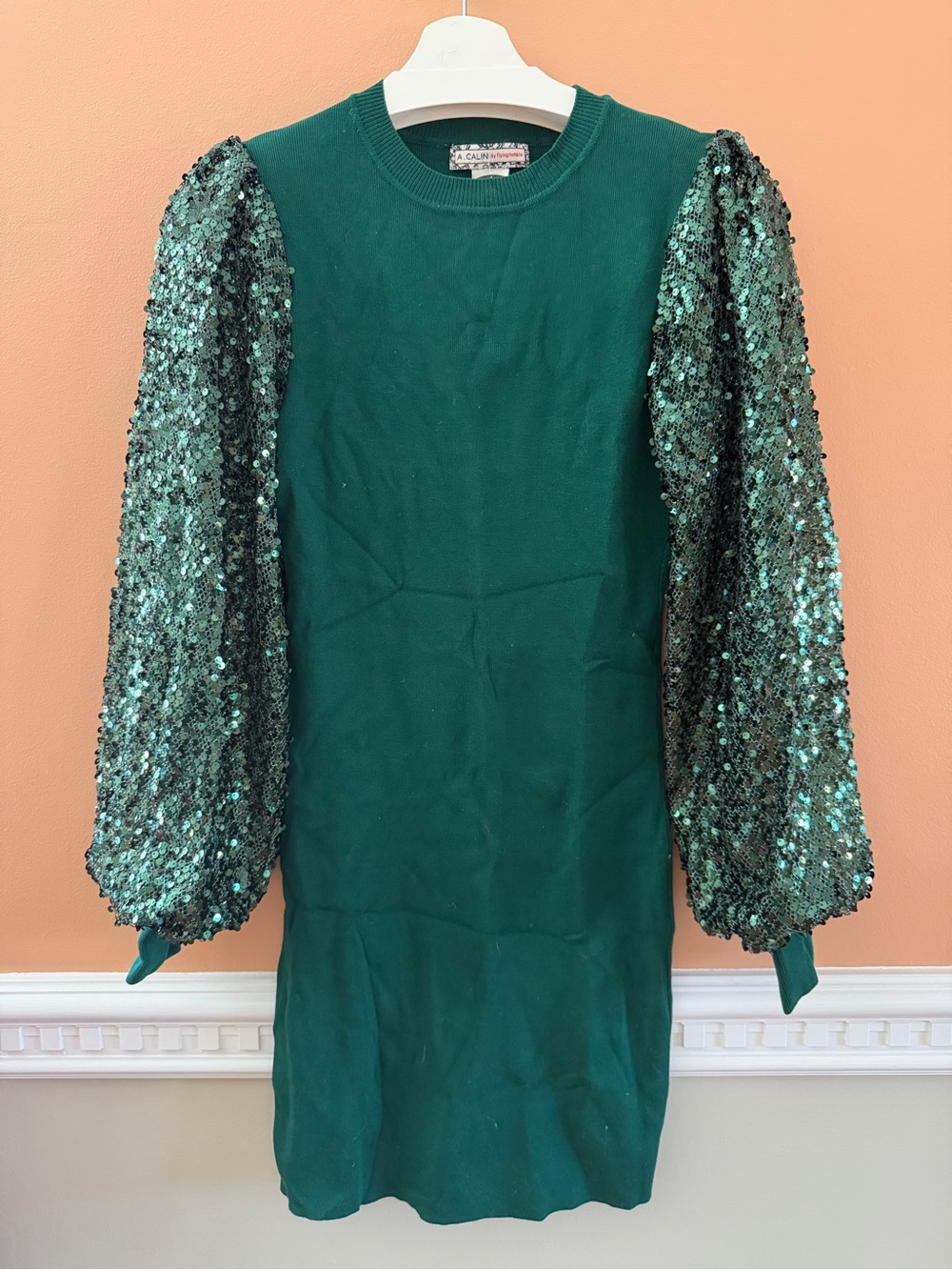 Flying Tomato Deep Green Knit Dress W/ Sequin Sleeves